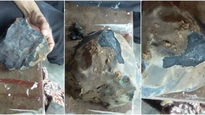 Bongkahan batu yang diduga jatuh dari langit, Senin (3/8/2020). (Sumber: medan.tribunnews.com)