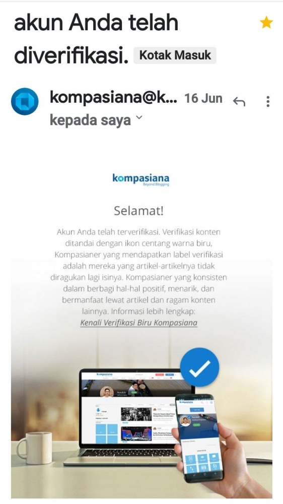 Tangkapan layar email Kompasiana | Dokpri