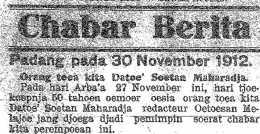 Ket: berita peringatan ulang tahun Dt. Sutan Maharaja ke-50 di surat kabar Soenting Melajoe, No. 22, Hari Sabtoe 30 November 1912 (Dok. pribadi)