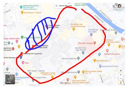 Sumber : Googlemap | Garis merah adalah area dan tapak RS PGI Cikini dan garis biru adalah area apartemen dengan 3 tower tinggi, yang mengganggu kenyamanan rumah sakit ini ......