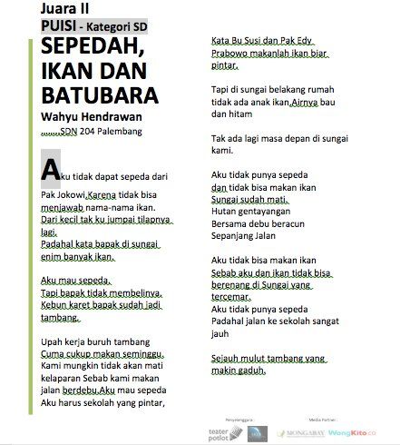 Puisi Karya Wahyu Hendrawan, saat mengikuti Lomba Puisi, Cerpen, Esai Ekologi Tingkat Provinsi Sumatera Selatan