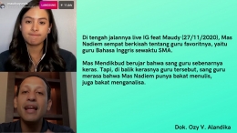 Mas Nadiem saat live IG feat Maudy Ayunda (27/11/2020), berkisah tentang Arah Pendidikan di Indonesia. Dok. Ozy V. Alandika