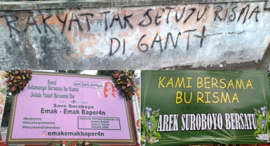Coretan di dinding dan karangan bunga dukungan buat Bu Risma (foto: dok. pribadi)
