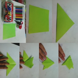 Cara membuat ikan yang mudah dengan kertas lipat (Dokumentasi pribadi).