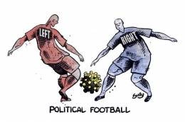 Ilustrasi politik sepak bola (political football). | Peter Sully Cartoonmovement.com