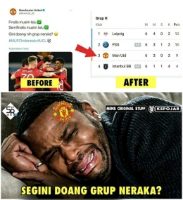 Meme viral tentang tersingkirnya Manchester United di fase grup Liga Champions (Facebook.com/Kepojar)