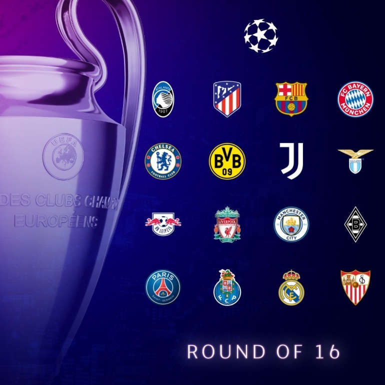 Klub Liga Champions yang di babak 16 besar. Gambar: Twitter/ChampionsLeague