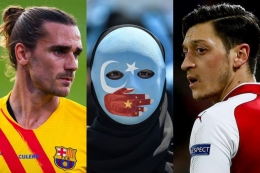 Potret Antoine Griezmann, Muslim Uighur, dan Mesut Ozil. | Diolah dari goal.com, (OZAN KOSE/AFP/Getty Images), dan twitter Mesut Ozil @MesutOzil1088