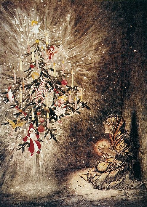 ANDERSEN: MATCH GIRL, 1932. 'She was sitting under the loveliest Christmas tree.' Drawing, 1932, by Arthur Rackham for the fairy tale by Hans Christian Andersen.