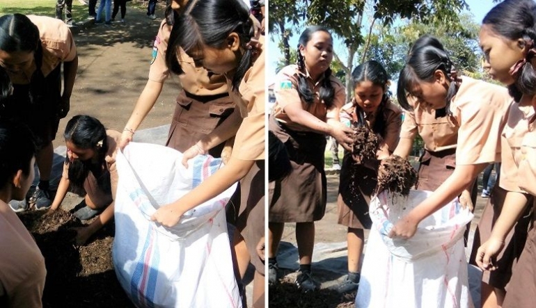 Siswa SMP Wisata Sanur memasukkan pupuk organik hasil olahan sampah (Sumber: dokumen pribadi)