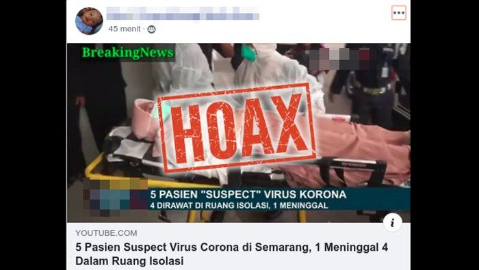 Hoax berita pasien suspect Virus Covid-19 meninggal di Semarang. (Foto: Tangkapan layar Facebook)