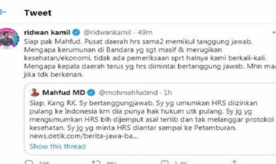 Ridwan Kamil membalas cuitan Menko Polhukam Mahfud MD, Rabu (16/12/2020).(Twitter @ridwankamil)