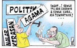 Karikatur perkawinan antara agama dan poltik. Sumber: redaksiindonesia.com
