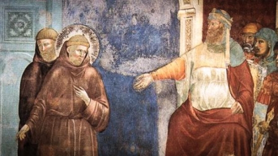 Dialog Santo Fransiskus Asisi dan Sultan Mesir lukisan karya Giotto di Bondone | Public Domain