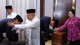 Sandiaga Uno salim kepada Ma'ruf Amin dan Megawati Soekarnoputri jelang debat pertama Pilpres 2019, Jakarta, Kamis (17/1/2019). (Foto: Jamal/Kumparan)
