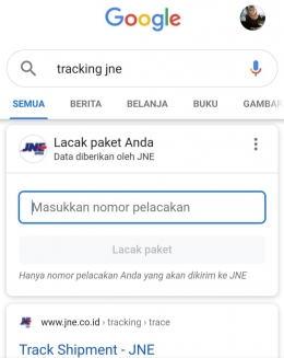Cara tracking JNE lewat Google (foto : pribadi)