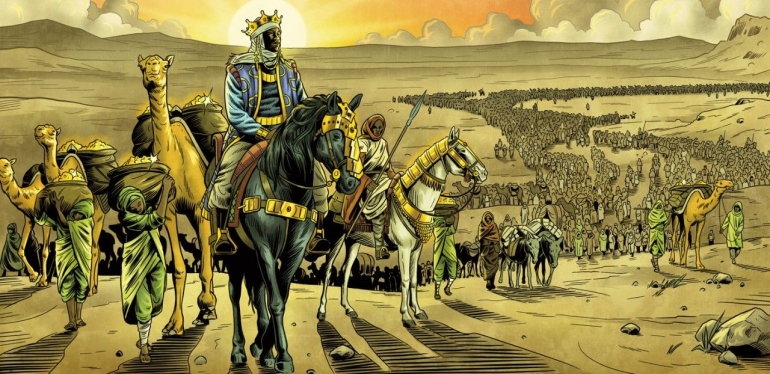 Ilustrasi Mansa Musa dan Pengikutnya | Gambar dari Niklas Asker 