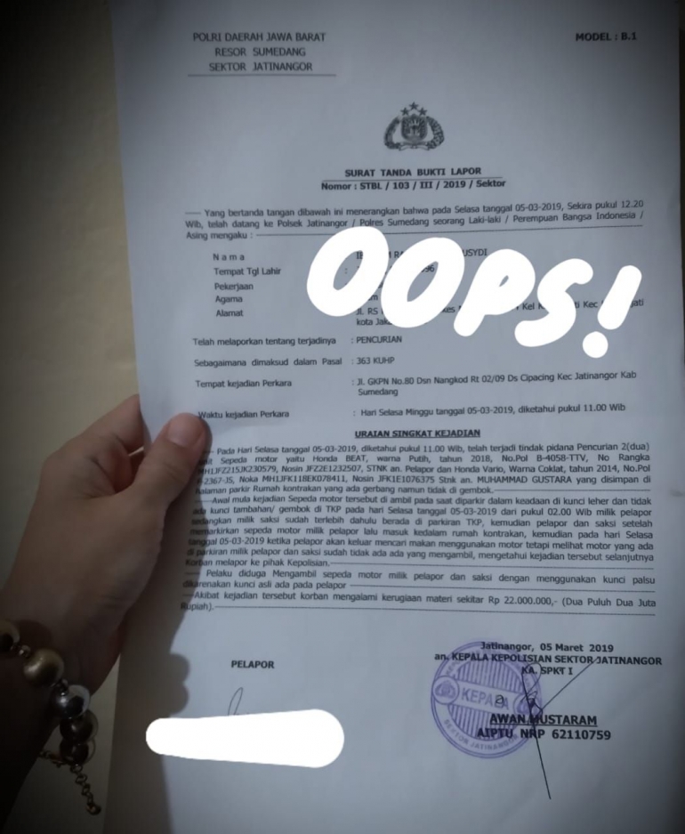 Surat Tanda Bukti Lapor yang dibuat oleh petugas Kepolisian Resor Sumedang Sektor Jatinangor/dokpri