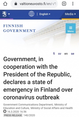 Berita penerapan situasi darurat di Finlandia. Sumber: tangkapan layar laman www.valtioneuvosto.fin
