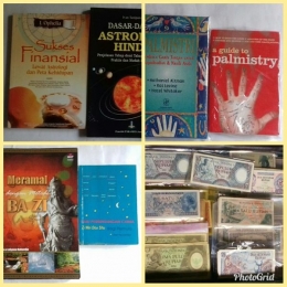 Buku-buku tentang palmistri dan astrologi serta sejumlah koleksi uang untuk menyambung hidup (Dokpri)