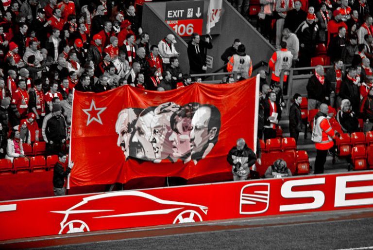The iconic Kop banner serves as a powerful reminder of the city's proud socialist heritage. photo: Wikimedia Commons