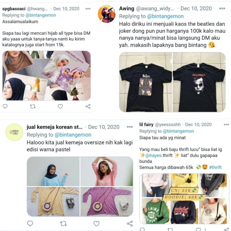 Tangkapan layar dari akun Twitter pelapak netizen +62 yang menumpang di akun @bintangemon. | Dokpri