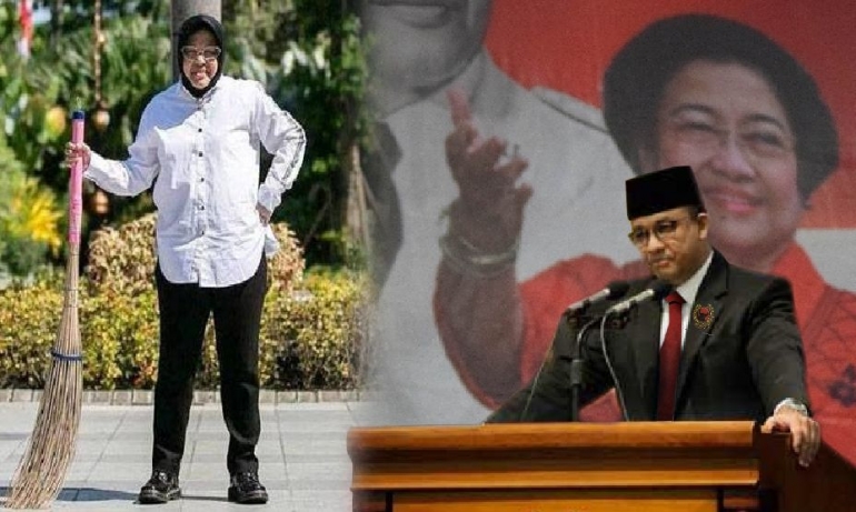 Mensos Risma menyapu (kiri) dan Anies Basweda pidato (kanan). Sumber foto : asumsi.co