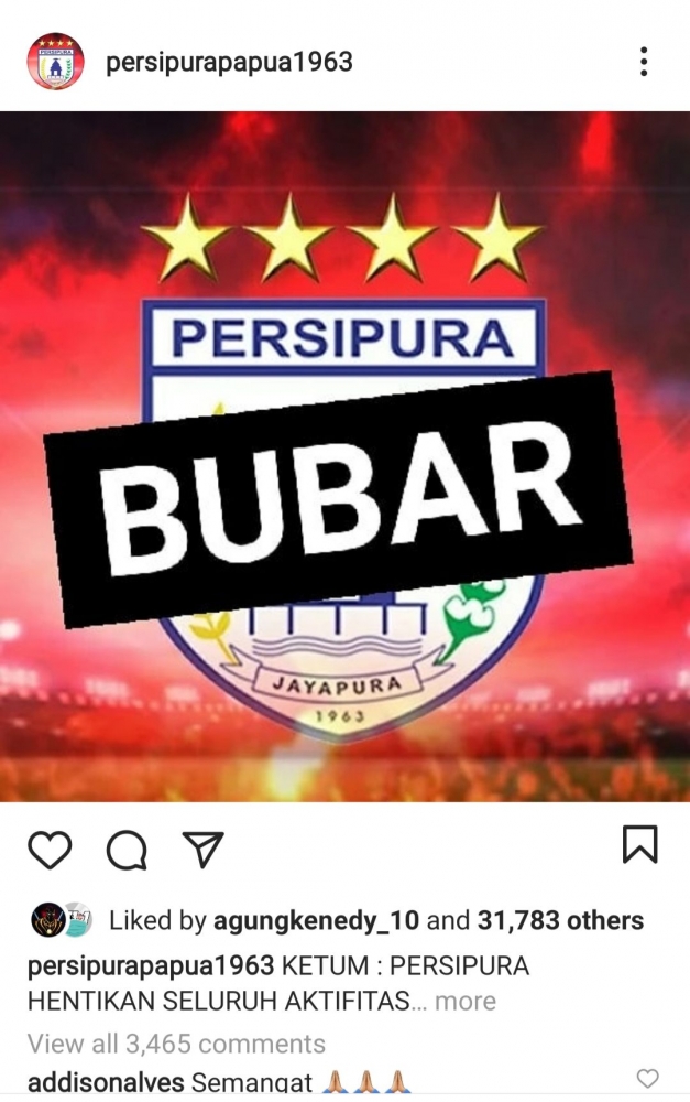 Potret Postingan Pembubaran Persipura di Laman Instagram Resmi Persipura, dok screenshot dari Instagram @persipurapapua1963