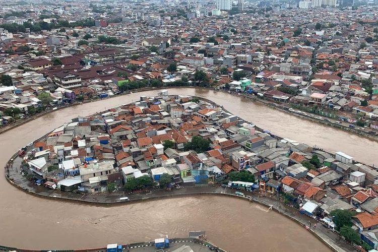 Potret banjir Jakarta di kawasan Kampung Melayu, Jakarta Timur,  pada Januari 2020 lalu, dilihat dari udara. (DOKUMENTASI BNPB)