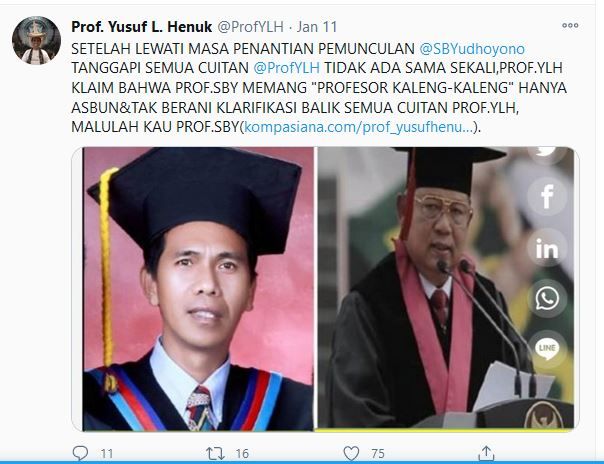 Cuitan Prof. Yusuf L. Henuk. yang Menantang SBY Sumber: Screenshot Twitter Prof. Yusuf L. Henuk