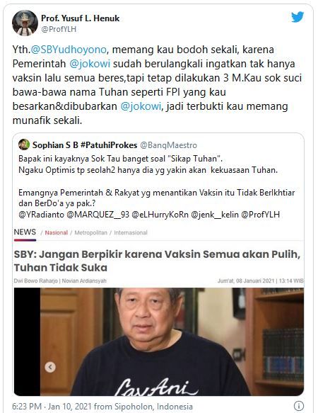 Screenshot Cuitan Prof. Yusuf L. Henuk. yang Menghina SBY Sumber: Screenshot Twitter Prof. Yusuf L. Henuk via CNN Indonesia