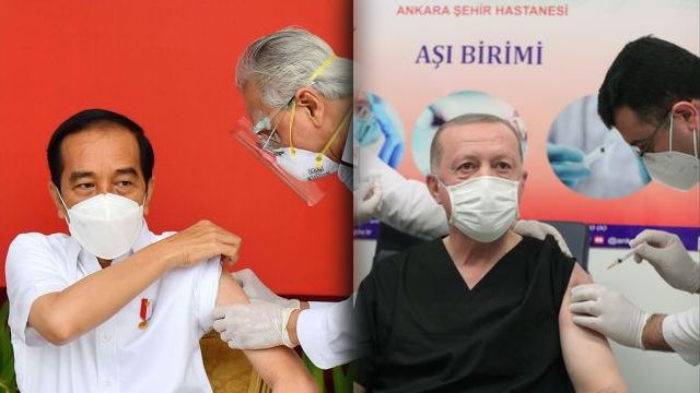 Presiden Indonesia Joko Widodo dan Presiden Turki Recep Tayyip Erdogan vaksinisasi dari Sinovac. Foto: Foto: Hanif Indra/detikcom 