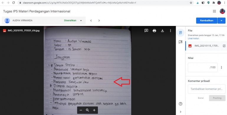 Contoh tampilan tugas sederhana dari siswa yang sudah diupload. Sumber. Screenshot Classroom Pribadi.