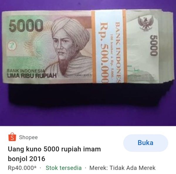 Uang Rp5.000 dalam kondisi bagus atau Unc (Foto: tangkapan layar dari ecommerce)