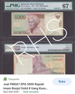 Uang Rp5.000 dengan nomor solid 888888 yang sudah disertifikasi (Foto: tangkapan layar dari ecommerce)