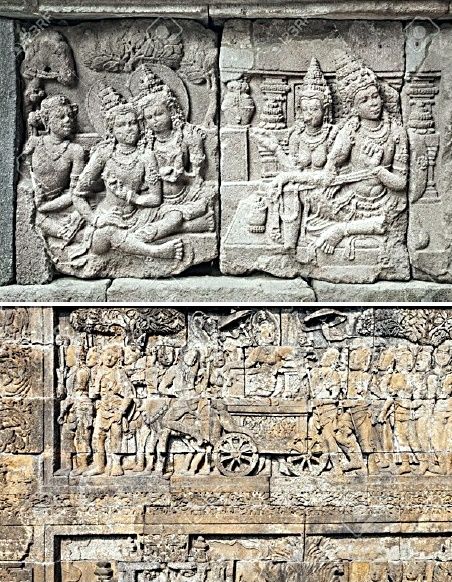 Relief di Candi Prambanan/atas dan Candi Borobudur/bawah (Foto: makalah Pak Asikin)