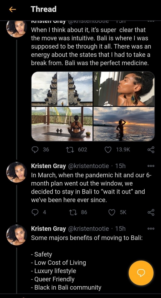 Keuntungan menetap ilegal di Bali versi Kristen Gray (Sumber: Twitter)
