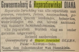 Iklan Reparatiewinkel DIANA, Pasar Kliwon, Solo di Koran de Nieuwe Vorstenlanden 20 Juli 1912 (Delpher.nl, 2021)