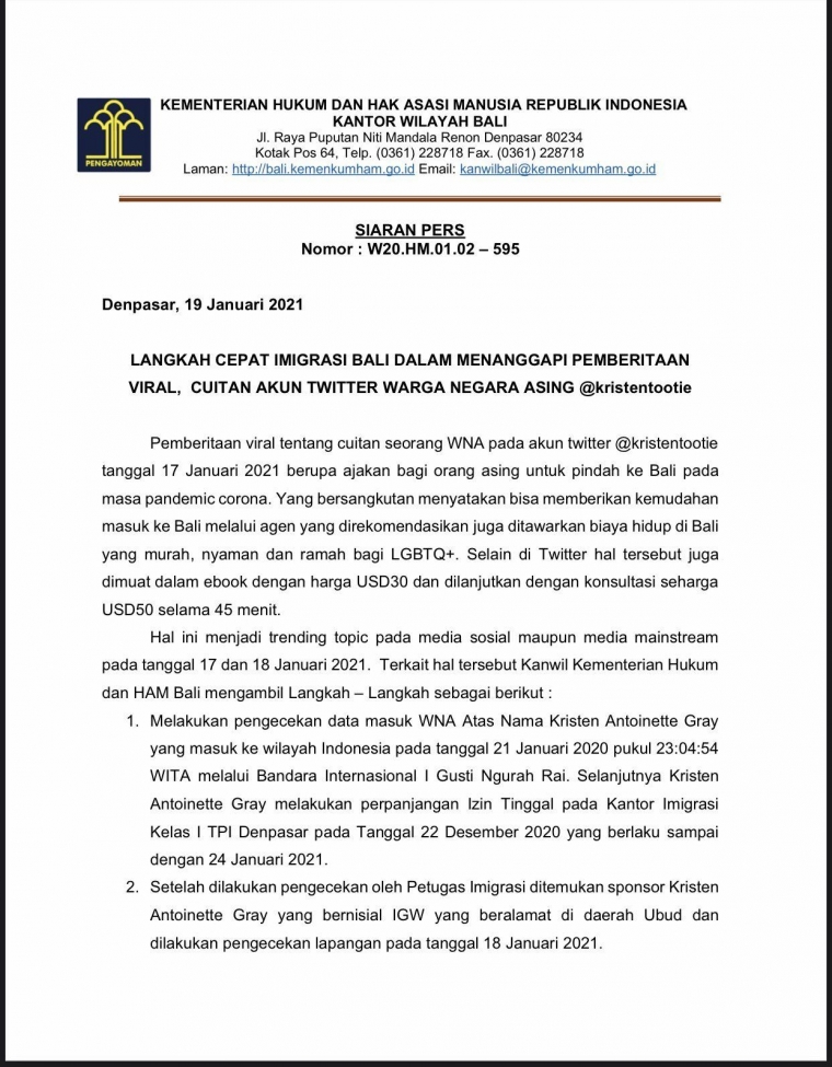 Halaman pertama siaran pers (Sumber: Twitter)