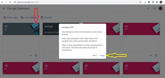 Tampilan cara mengarsipkan kelas. Sumber: Screenshot