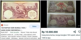 Ilustrasi harga uang Rp100, kiri: harga wajar/foto: shopee dan kanan: harga tidak masuk akal/foto: olx | tangkapan layar pribadi