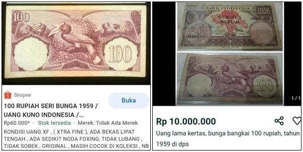 Ilustrasi harga uang Rp100, kiri: harga wajar/foto: shopee dan kanan: harga tidak masuk akal/foto: olx | tangkapan layar pribadi