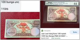 Ilustrasi perbandingan harga uang Rp100 dengan kondisi Unc, kiri: tanpa sertifikasi PMG/foto: Irwan, kanan: dengan sertifikasi PMG/foto: tokopedia | tangkapan layar pribadi