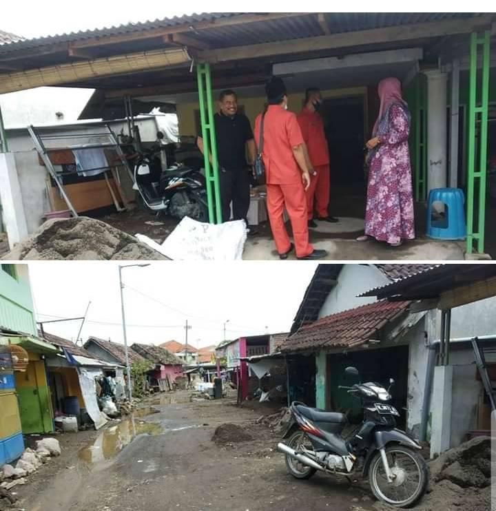 Foto ( Atas), Kunjungan rombongan  Ke rumah warga. Foto ( Bawah) Potret kondisi lokasi Banjir Ds. Banjarasri Kec. Tanggulangin Kab. Sidoarjo.
