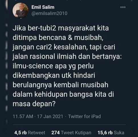 Sumber: twitter Emil Salim, mantan Menteri Lingkungan Hidup