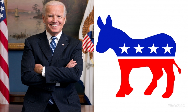 Joe Biden & Simbol Partai Demokrat. Sumber: White house & Parta Demokrat /wikimedia commons