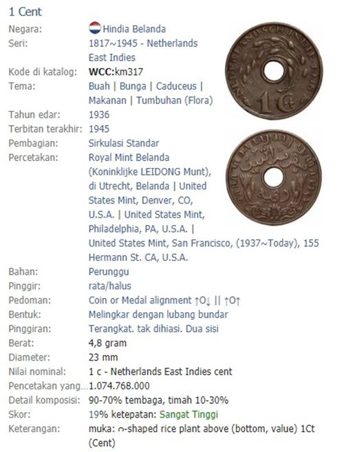Koin 1 Cent berikut data teknis (Foto: colnect.com)