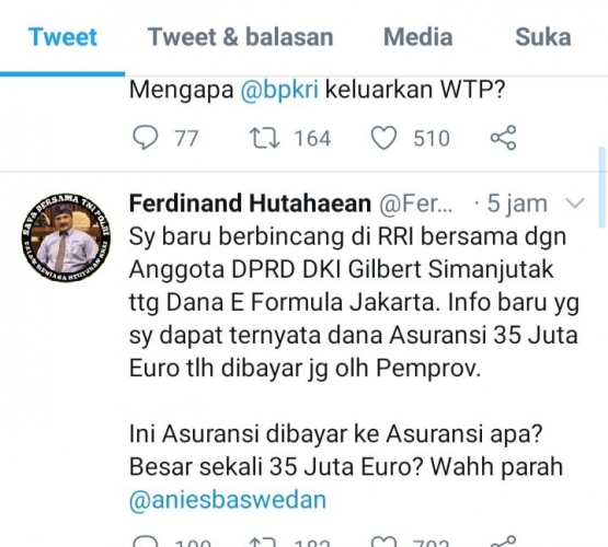 Tangkapan layar akun twitter Ferdinand Hutahaean