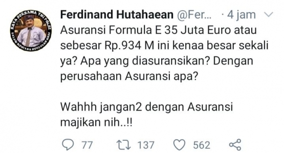 Tangkapan layar akun twitter Ferdinand Hutahaean