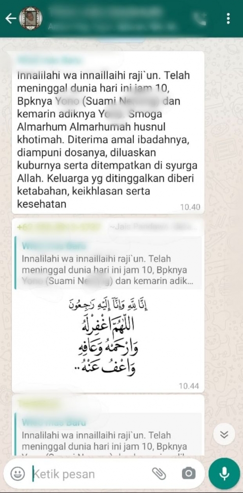 Deskripsi : Chat WA keluarga yang mengabarkan berita duka keluarga mbak N I Sumber Foto ; Dokumentasi pribadi